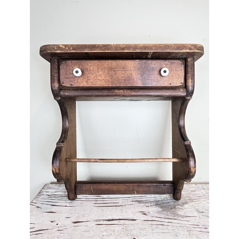 Vintage Rustic Wooden Shelf White Knob Drawer Hand Linen Bar Farmhouse 16”x15”
